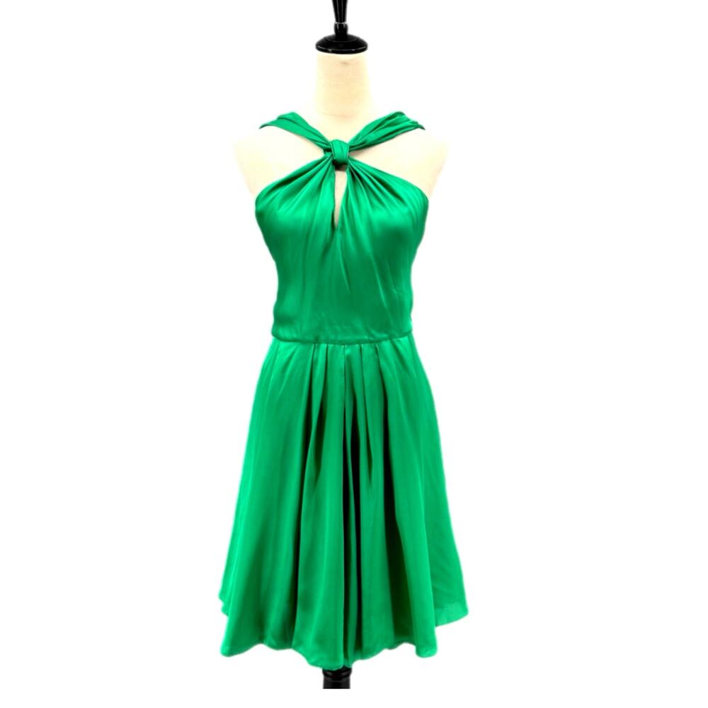 Halston NWT Kelly Green Silk Fit & Flare Cross Over Halter Sleeveless Mini Dress